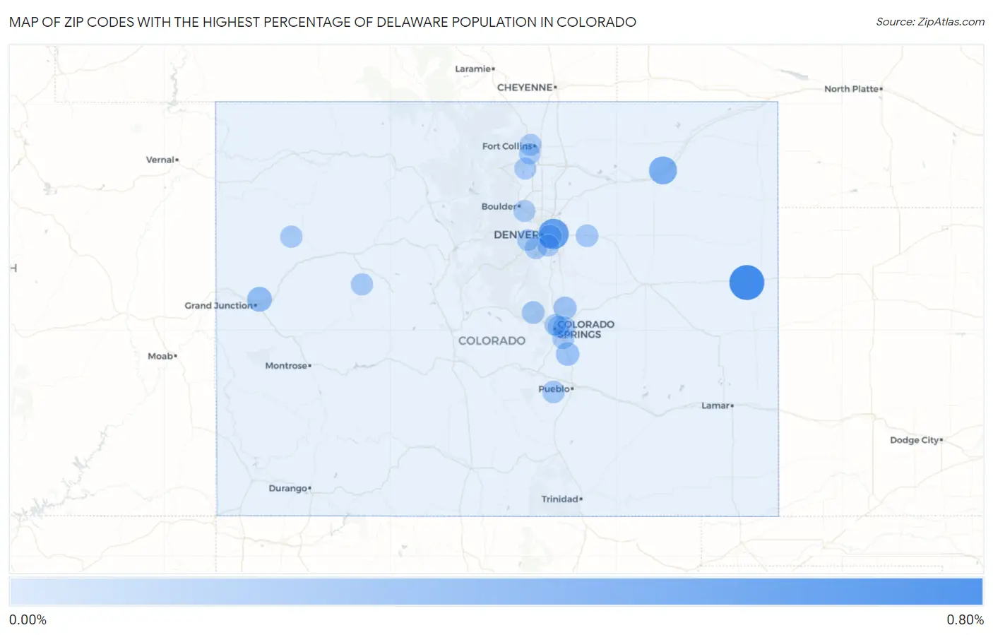 Zip Codes with the Highest Percentage of Delaware Population in Colorado Map