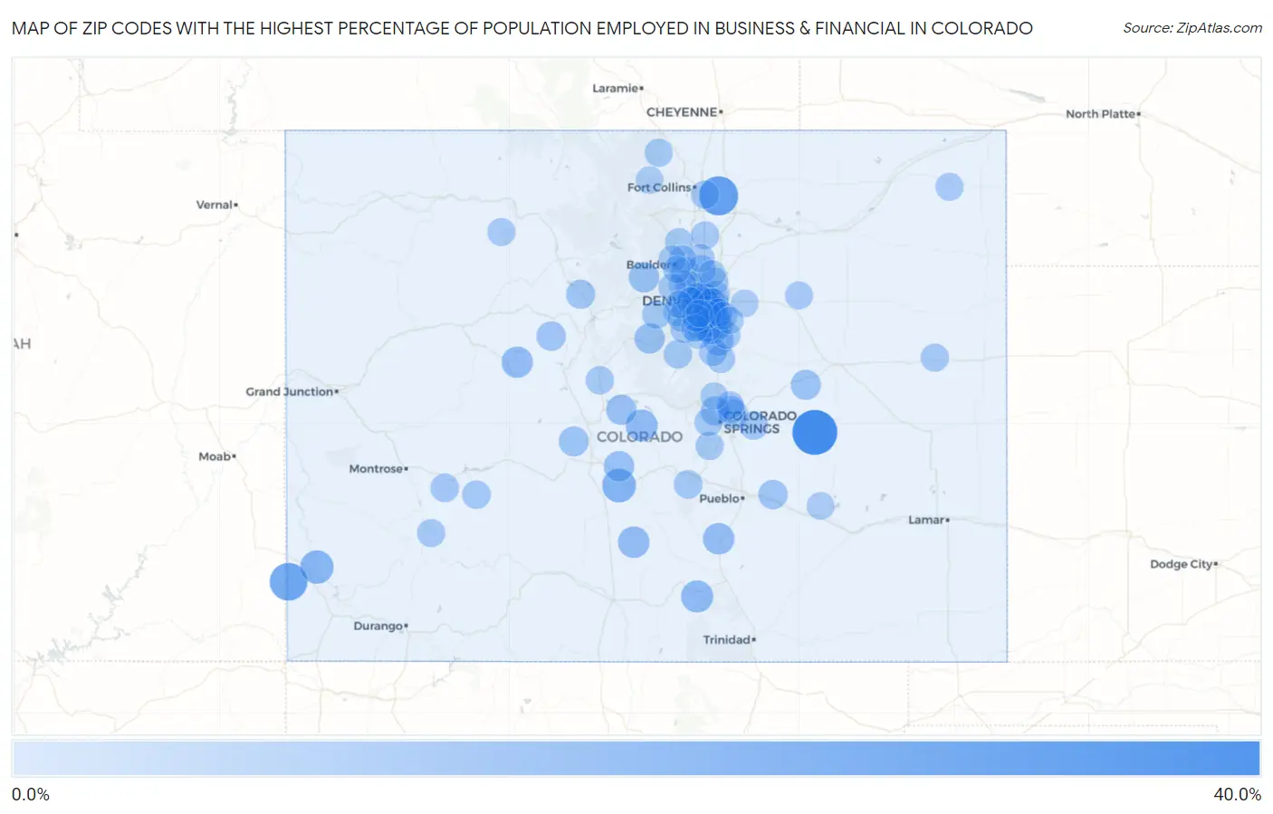 Zip Codes with the Highest Percentage of Population Employed in Business & Financial in Colorado Map