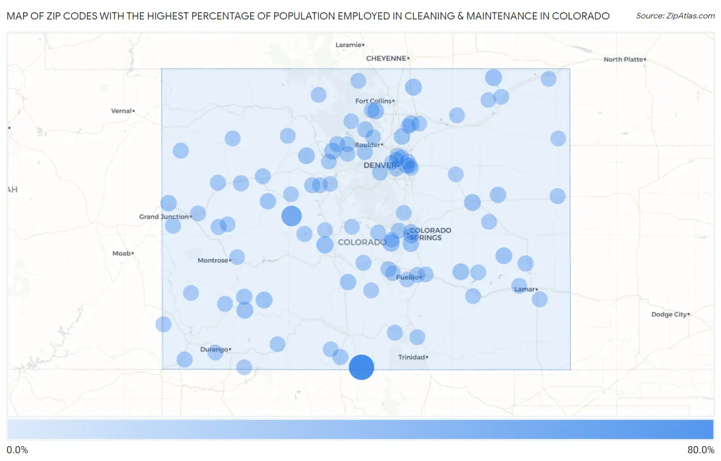 Zip Codes with the Highest Percentage of Population Employed in Cleaning & Maintenance in Colorado Map