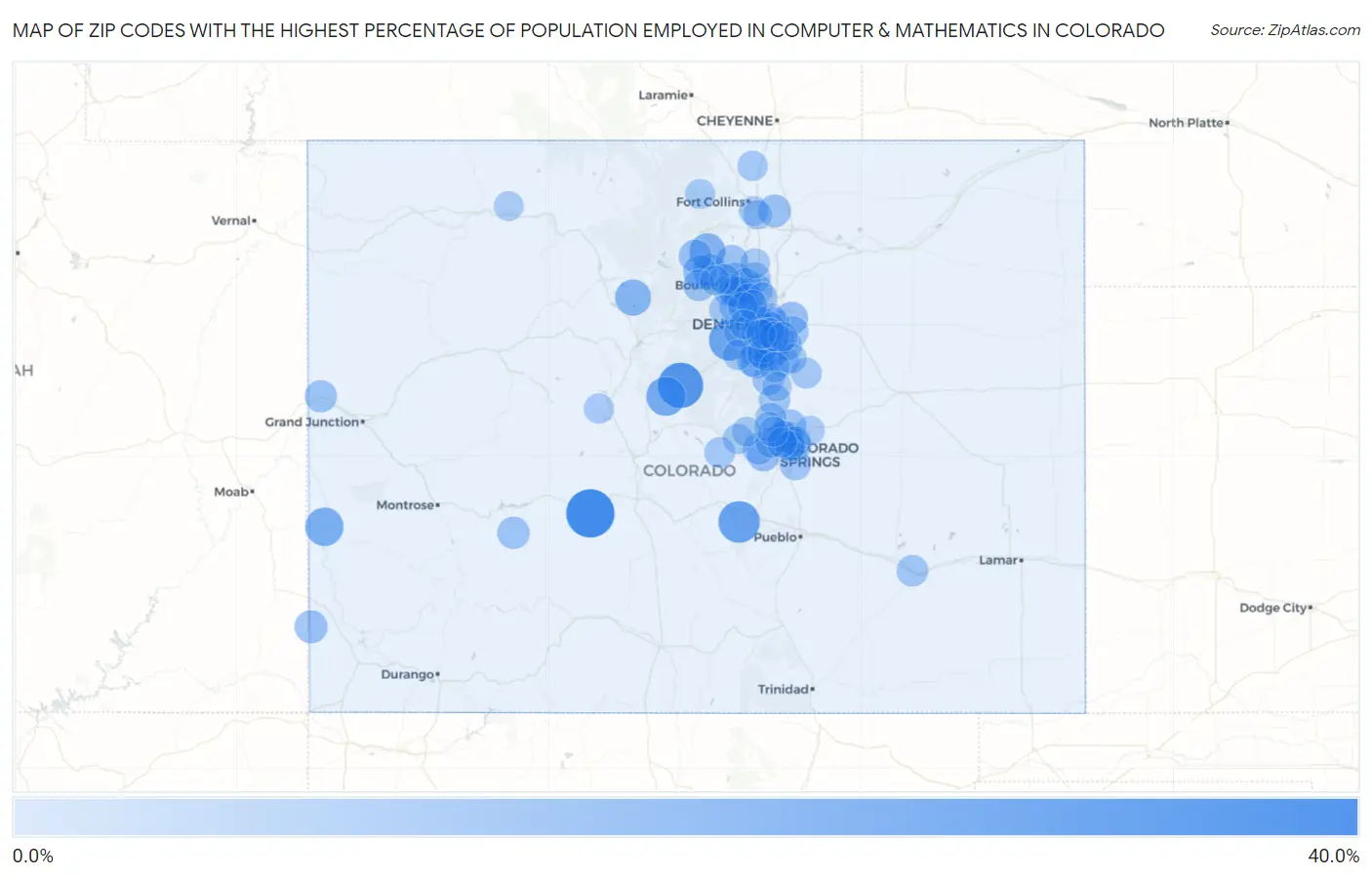 Zip Codes with the Highest Percentage of Population Employed in Computer & Mathematics in Colorado Map