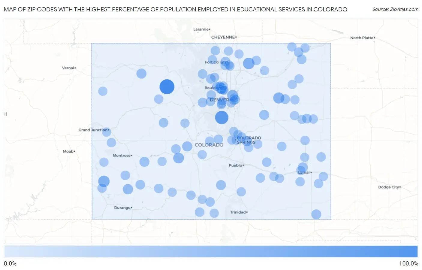 Zip Codes with the Highest Percentage of Population Employed in Educational Services in Colorado Map