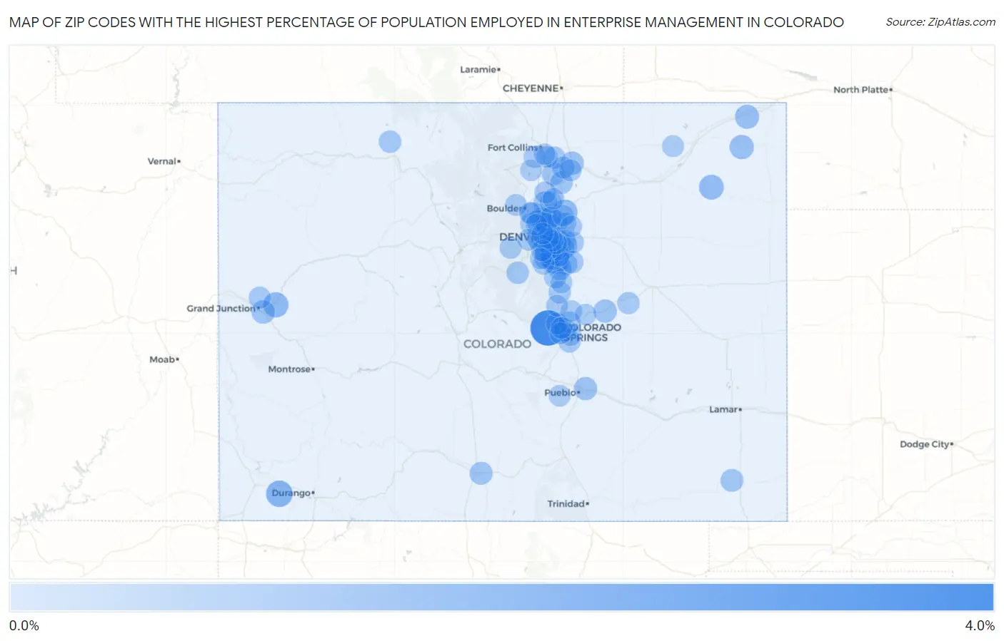 Zip Codes with the Highest Percentage of Population Employed in Enterprise Management in Colorado Map