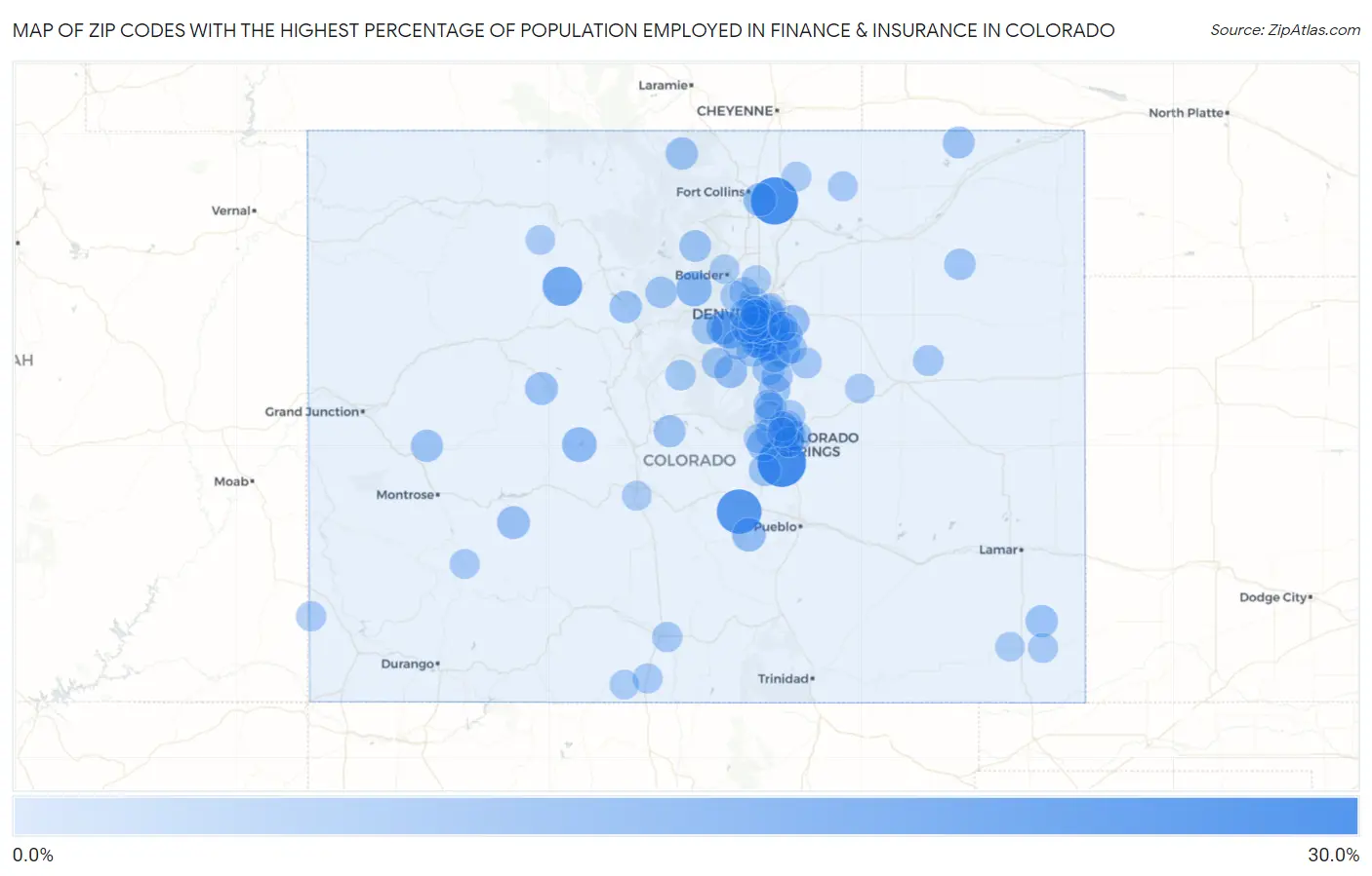 Zip Codes with the Highest Percentage of Population Employed in Finance & Insurance in Colorado Map