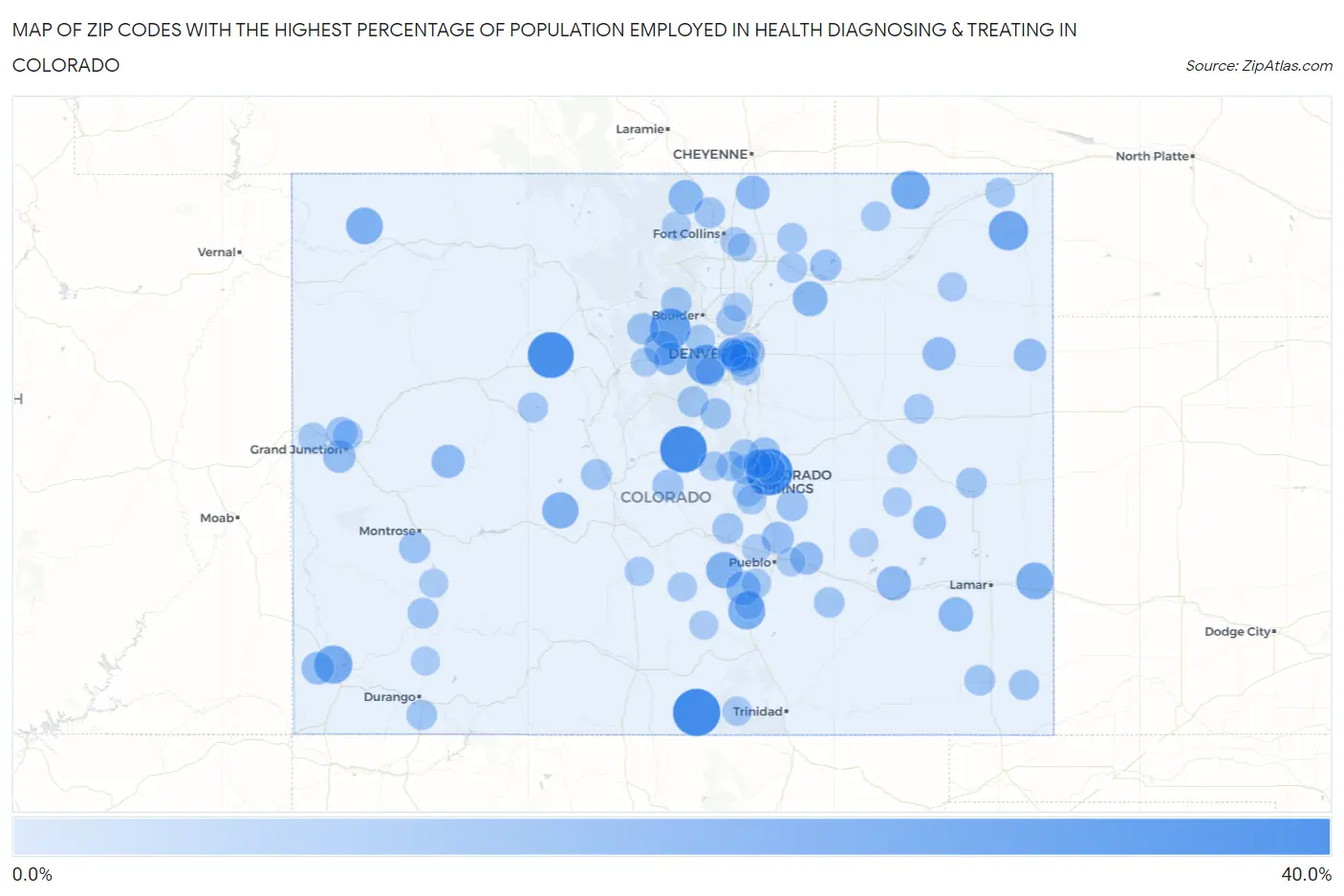 Zip Codes with the Highest Percentage of Population Employed in Health Diagnosing & Treating in Colorado Map