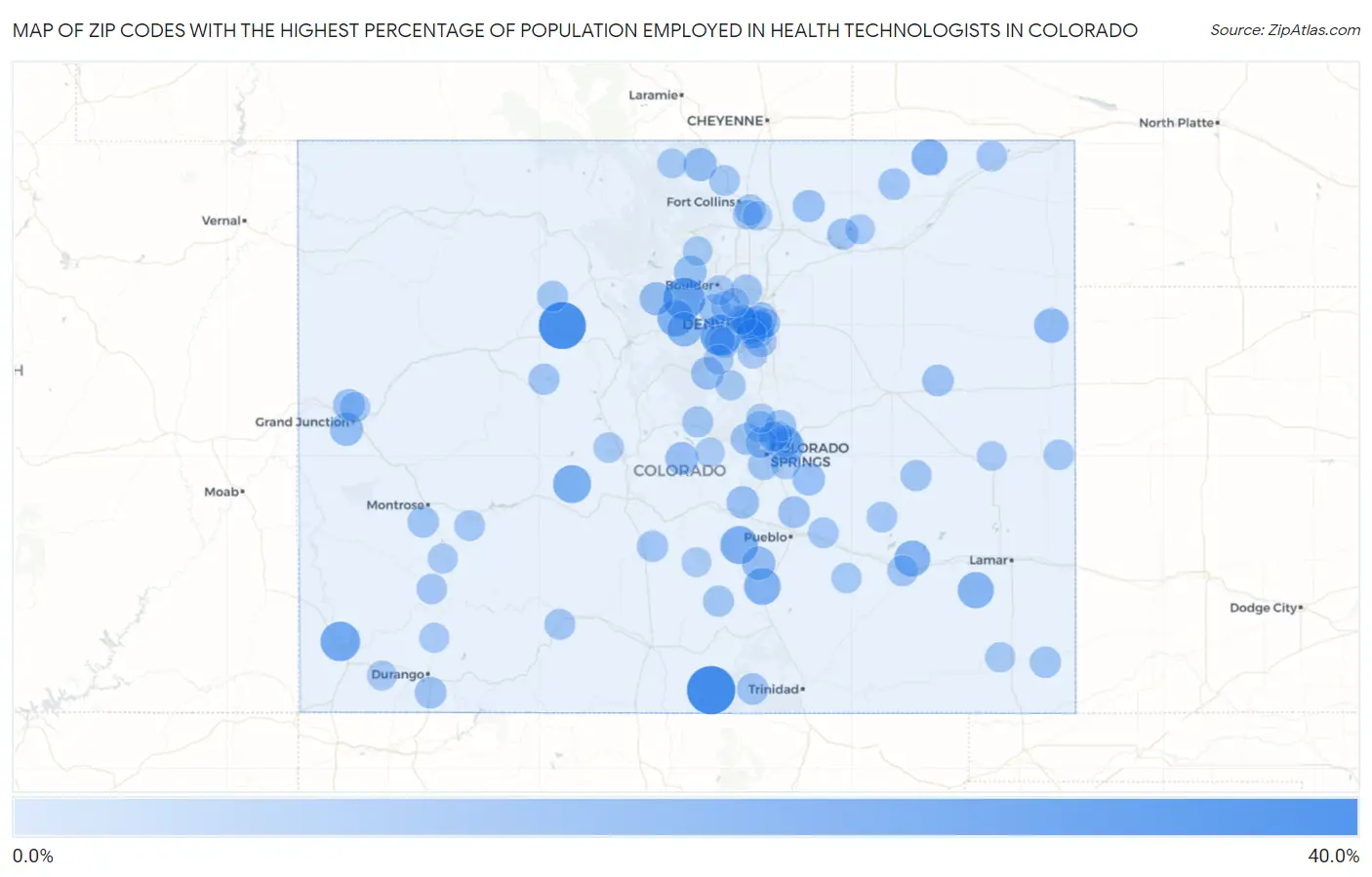 Zip Codes with the Highest Percentage of Population Employed in Health Technologists in Colorado Map