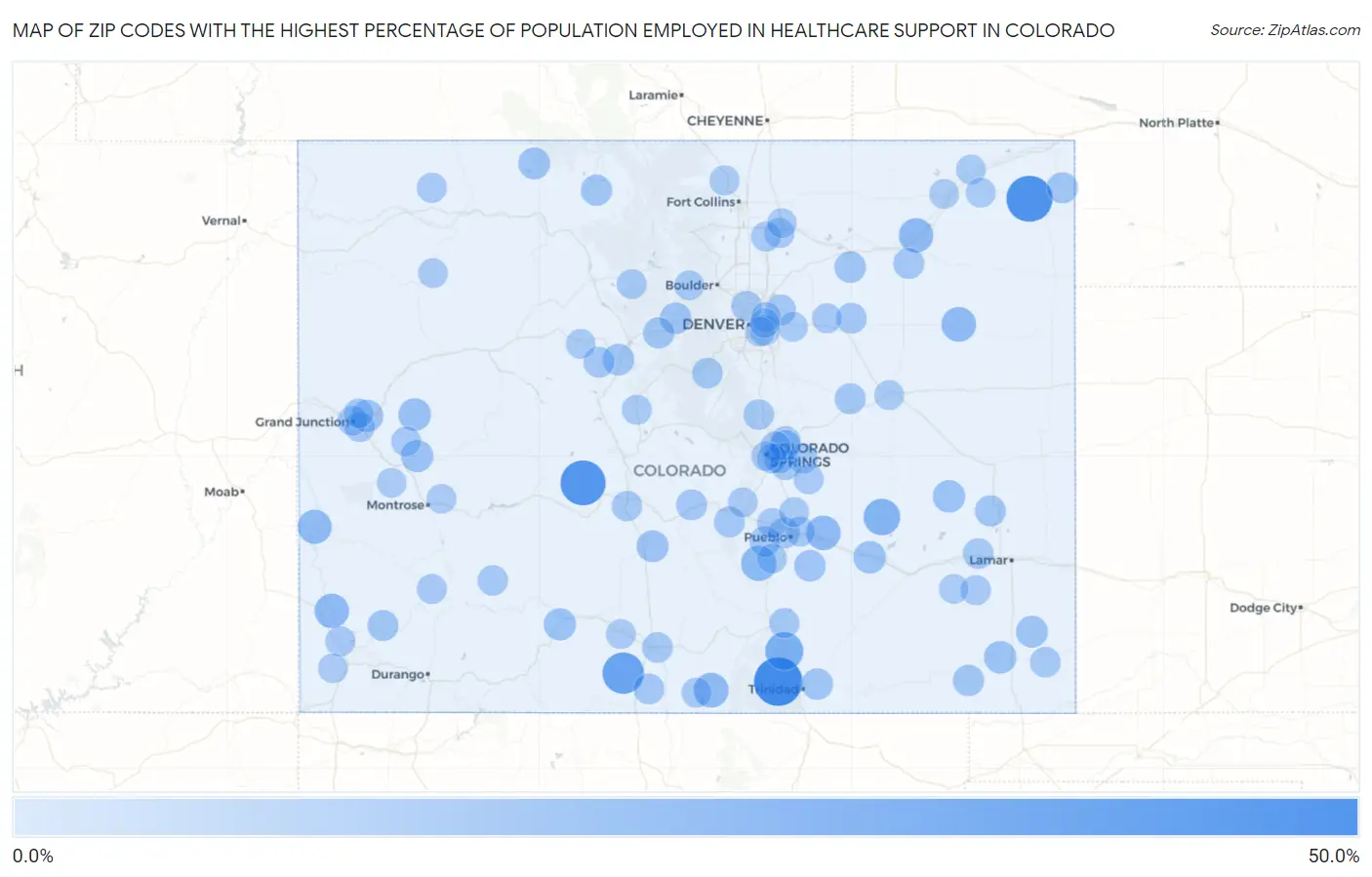 Zip Codes with the Highest Percentage of Population Employed in Healthcare Support in Colorado Map