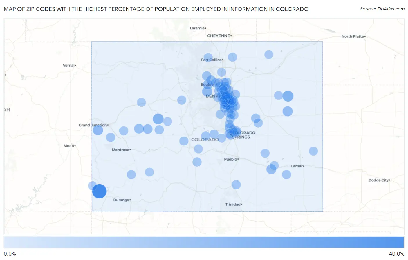 Zip Codes with the Highest Percentage of Population Employed in Information in Colorado Map