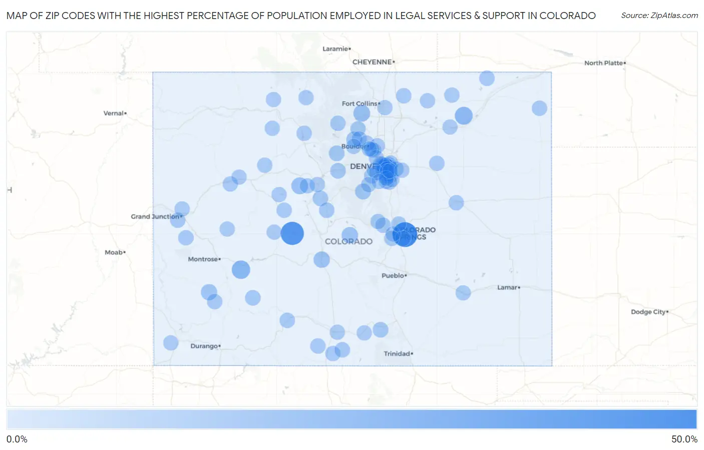 Zip Codes with the Highest Percentage of Population Employed in Legal Services & Support in Colorado Map