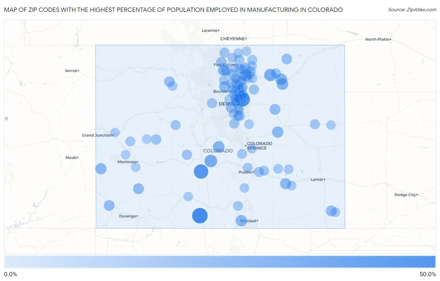 Zip Codes with the Highest Percentage of Population Employed in Manufacturing in Colorado Map