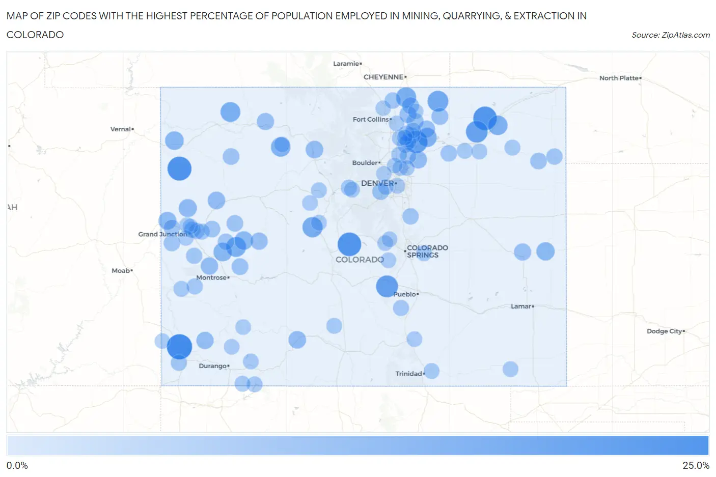Zip Codes with the Highest Percentage of Population Employed in Mining, Quarrying, & Extraction in Colorado Map
