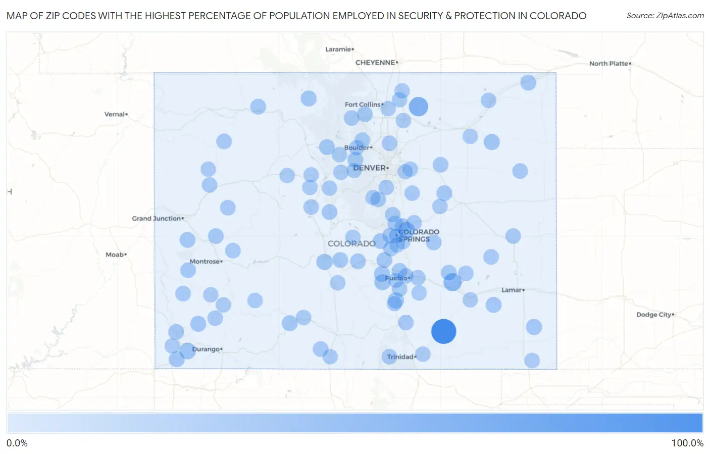 Zip Codes with the Highest Percentage of Population Employed in Security & Protection in Colorado Map