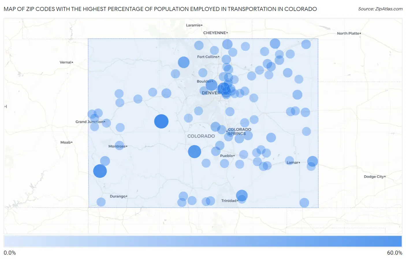 Zip Codes with the Highest Percentage of Population Employed in Transportation in Colorado Map