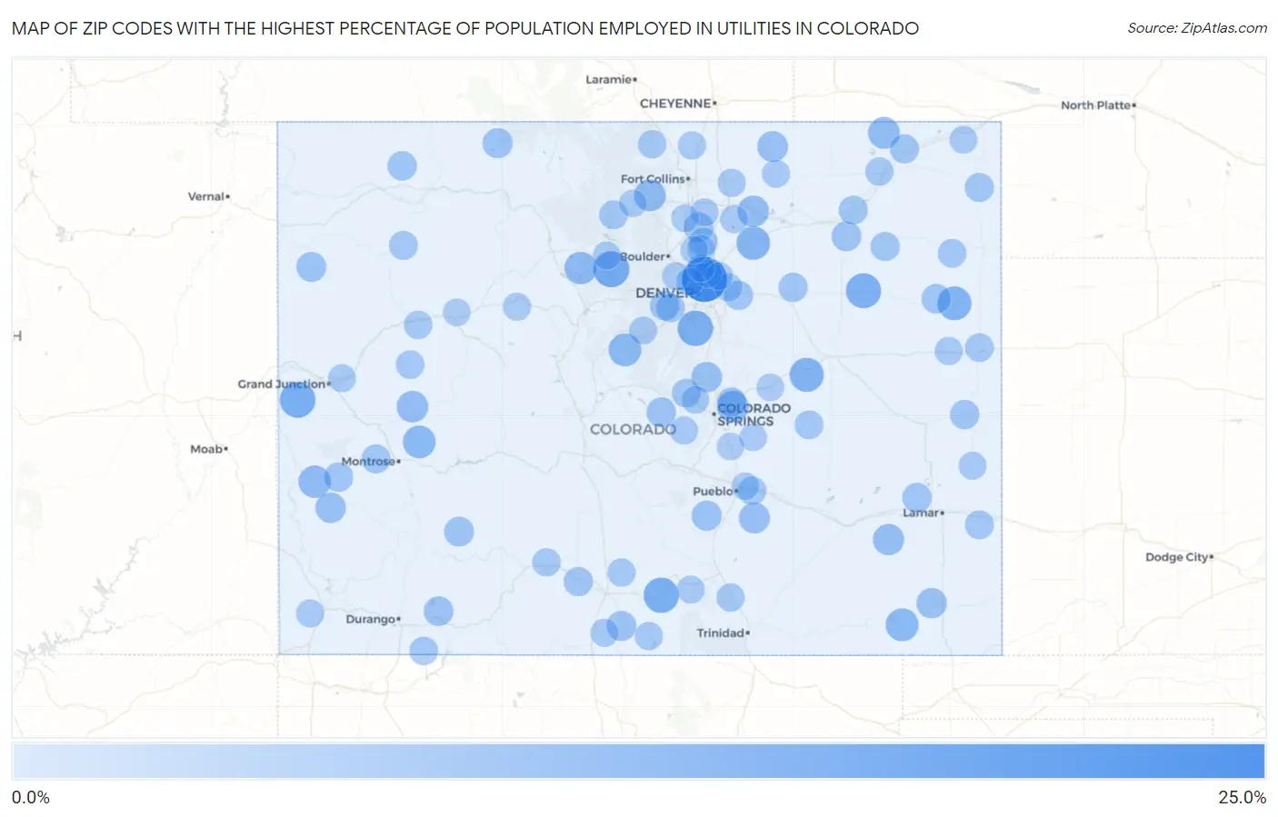 Zip Codes with the Highest Percentage of Population Employed in Utilities in Colorado Map