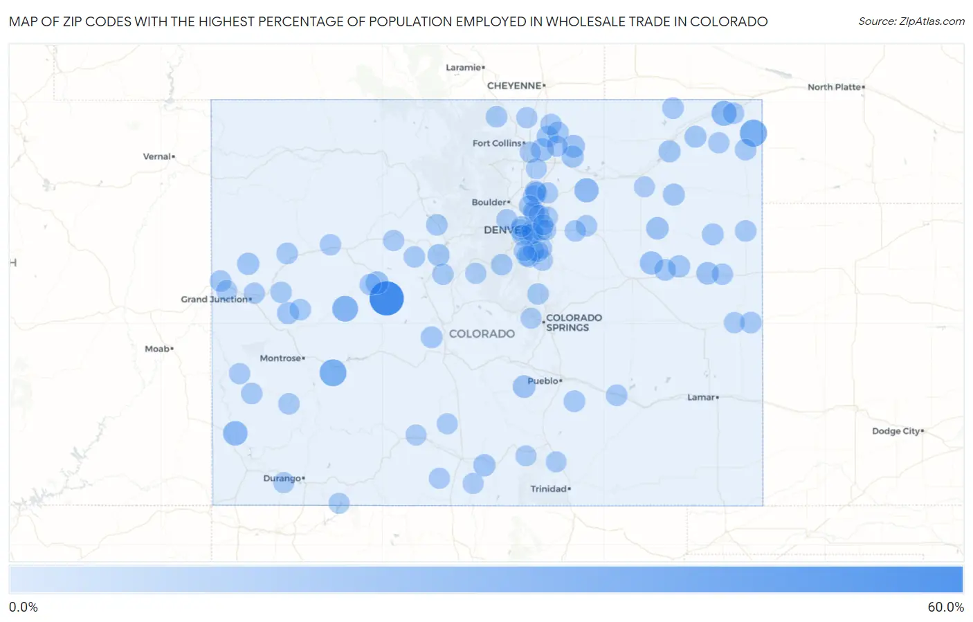 Zip Codes with the Highest Percentage of Population Employed in Wholesale Trade in Colorado Map