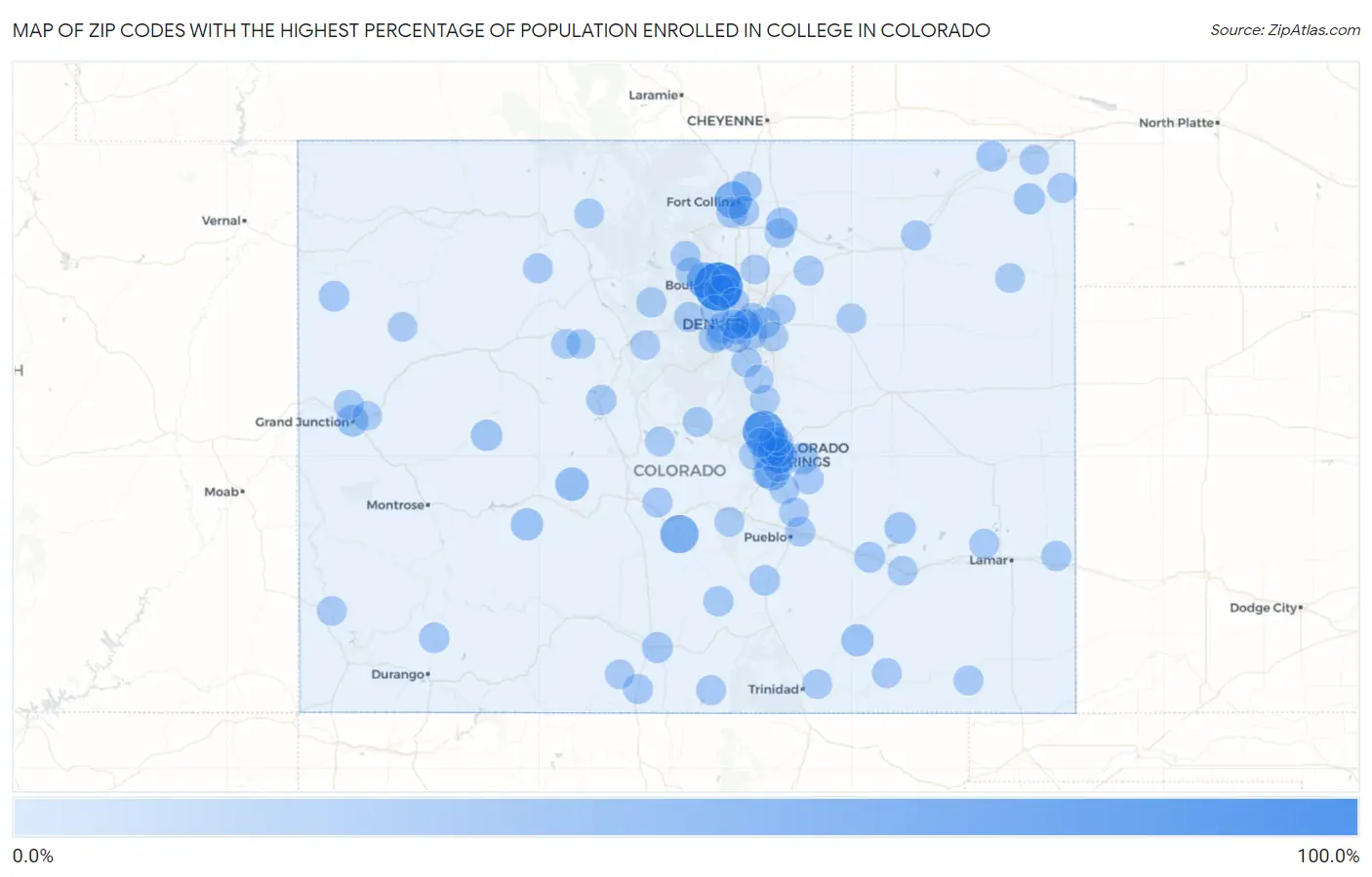 Zip Codes with the Highest Percentage of Population Enrolled in College in Colorado Map