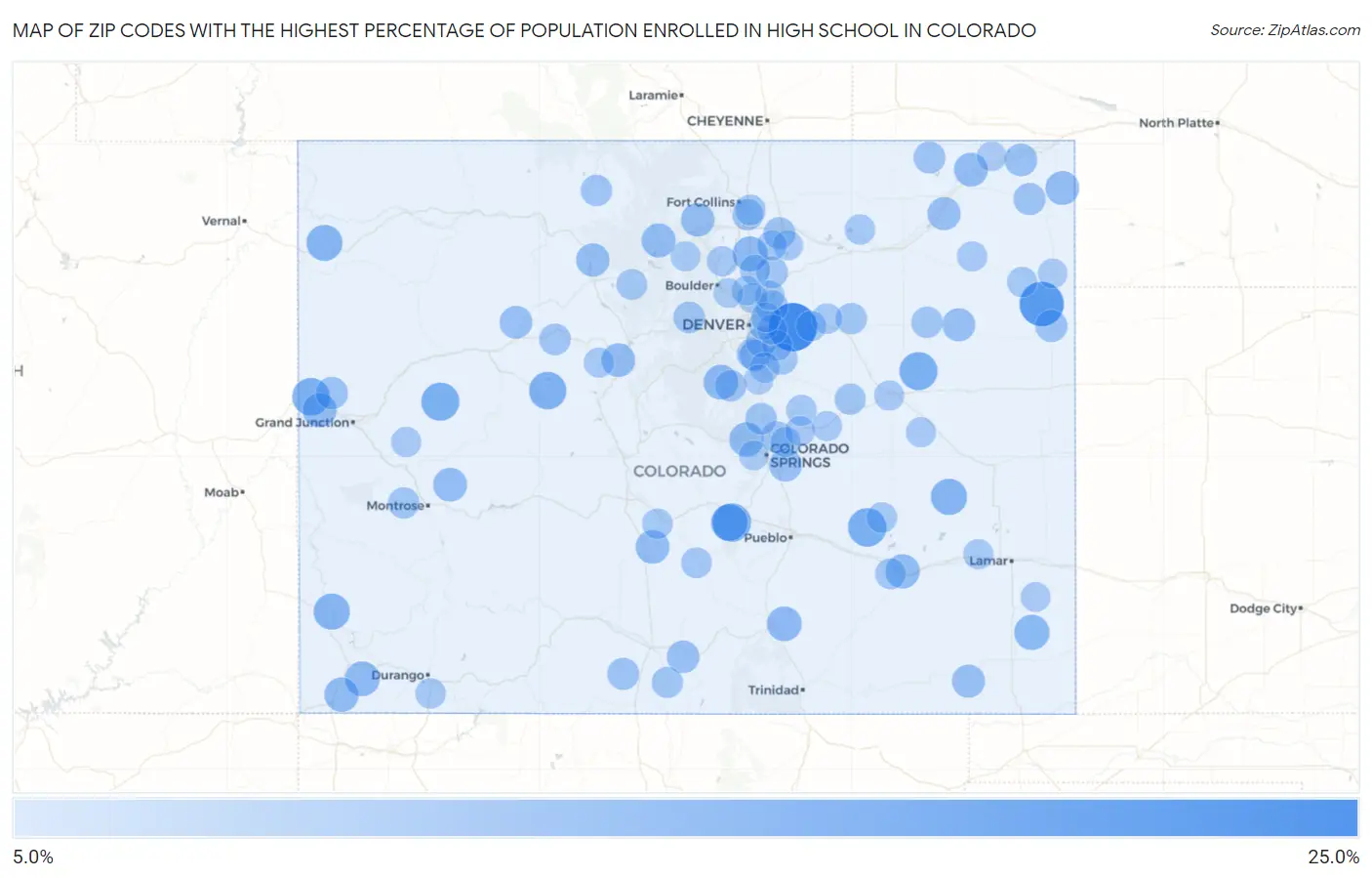 Zip Codes with the Highest Percentage of Population Enrolled in High School in Colorado Map