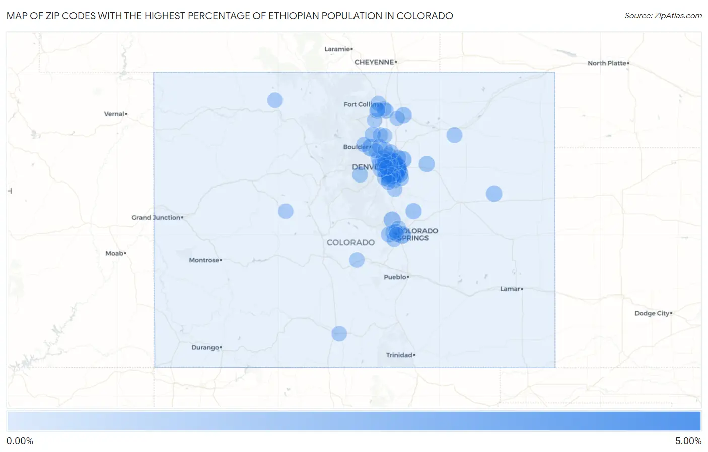 Zip Codes with the Highest Percentage of Ethiopian Population in Colorado Map