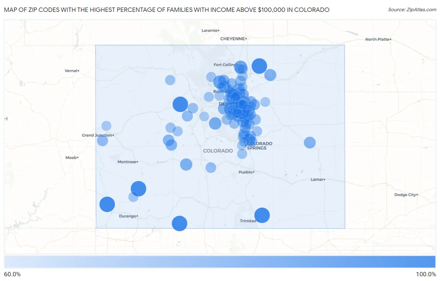 Zip Codes with the Highest Percentage of Families with Income Above $100,000 in Colorado Map