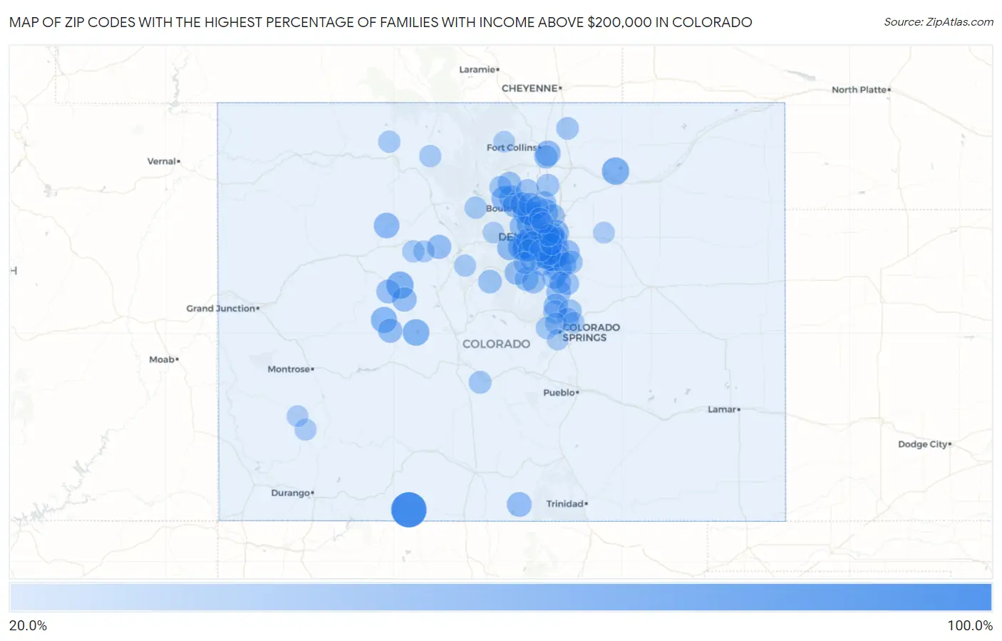 Zip Codes with the Highest Percentage of Families with Income Above $200,000 in Colorado Map