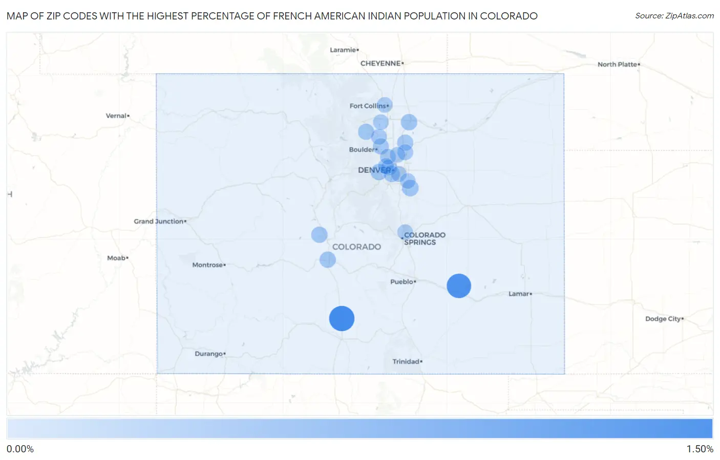 Zip Codes with the Highest Percentage of French American Indian Population in Colorado Map