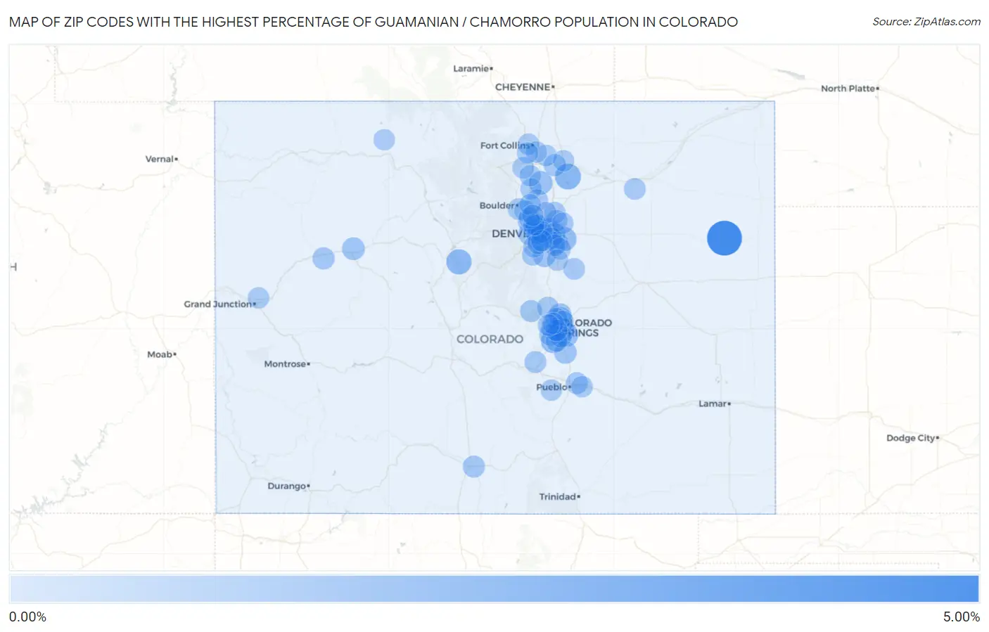 Zip Codes with the Highest Percentage of Guamanian / Chamorro Population in Colorado Map