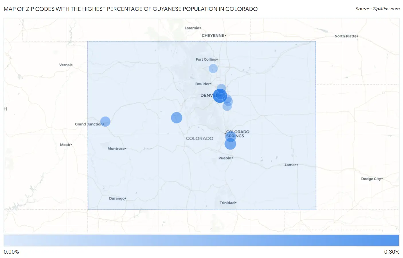 Zip Codes with the Highest Percentage of Guyanese Population in Colorado Map