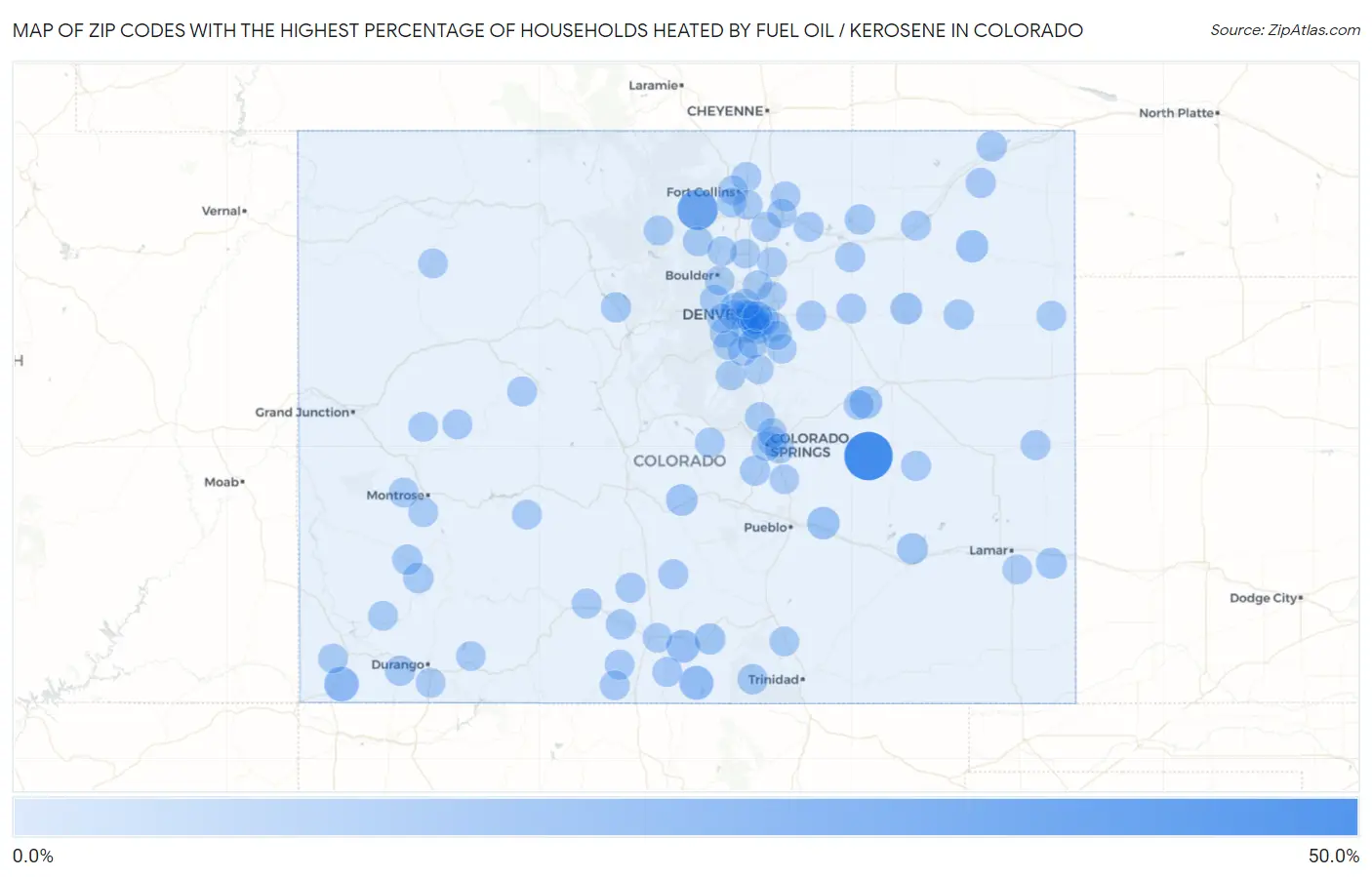 Zip Codes with the Highest Percentage of Households Heated by Fuel Oil / Kerosene in Colorado Map