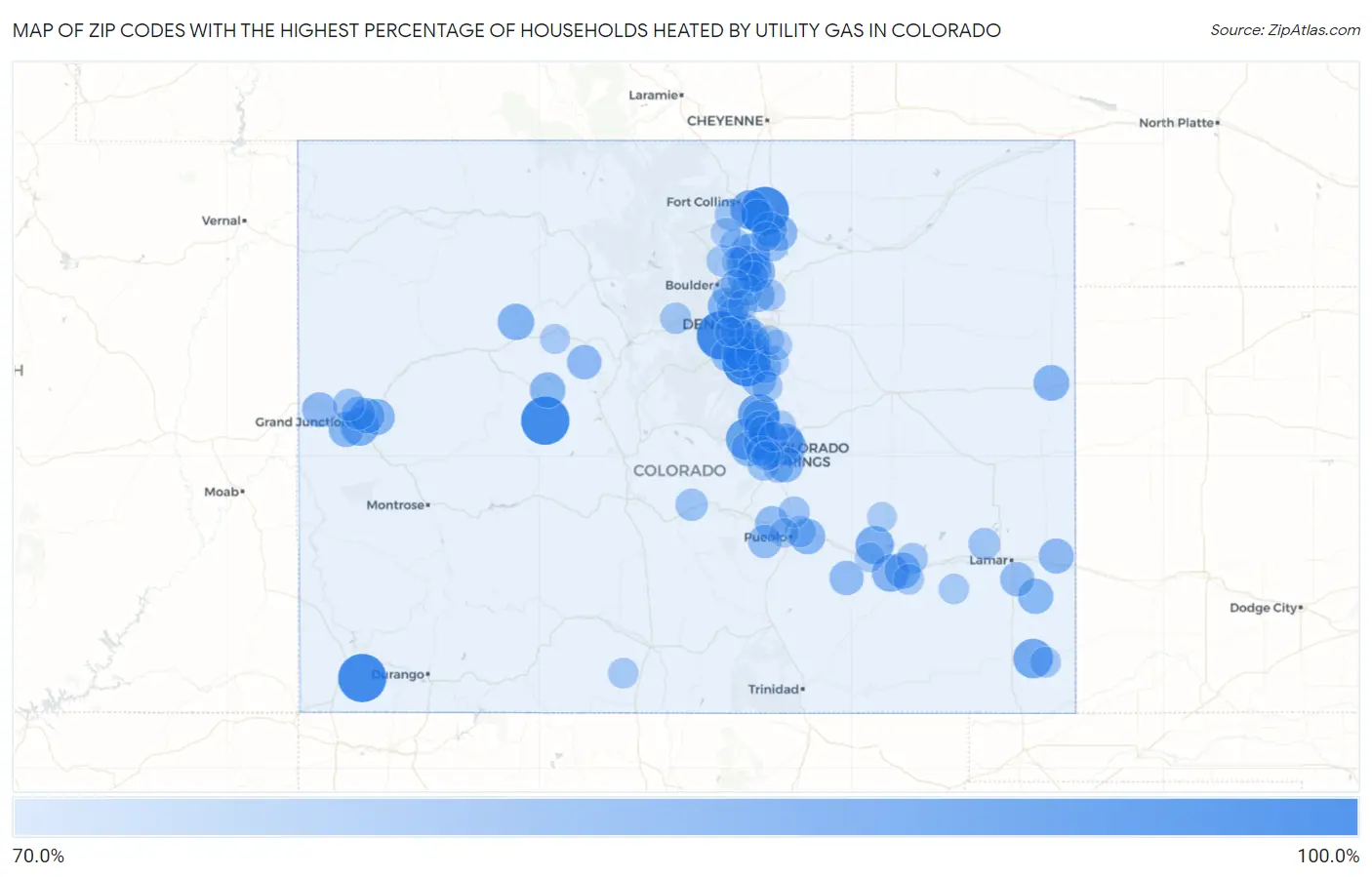 Zip Codes with the Highest Percentage of Households Heated by Utility Gas in Colorado Map