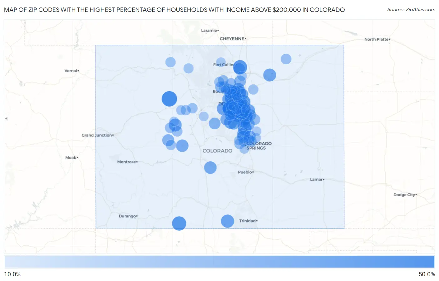 Zip Codes with the Highest Percentage of Households with Income Above $200,000 in Colorado Map