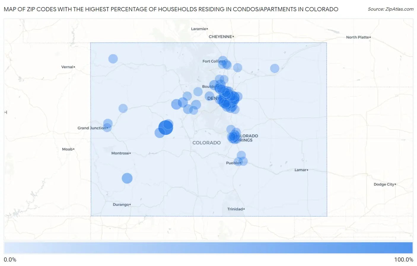 Zip Codes with the Highest Percentage of Households Residing in Condos/Apartments in Colorado Map
