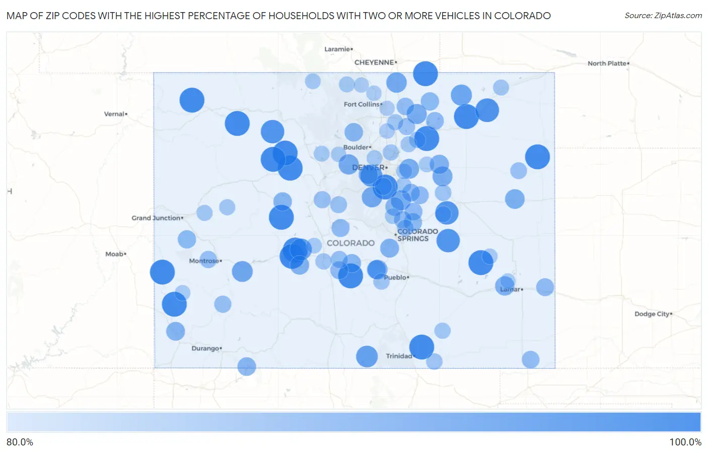 Zip Codes with the Highest Percentage of Households With Two or more Vehicles in Colorado Map