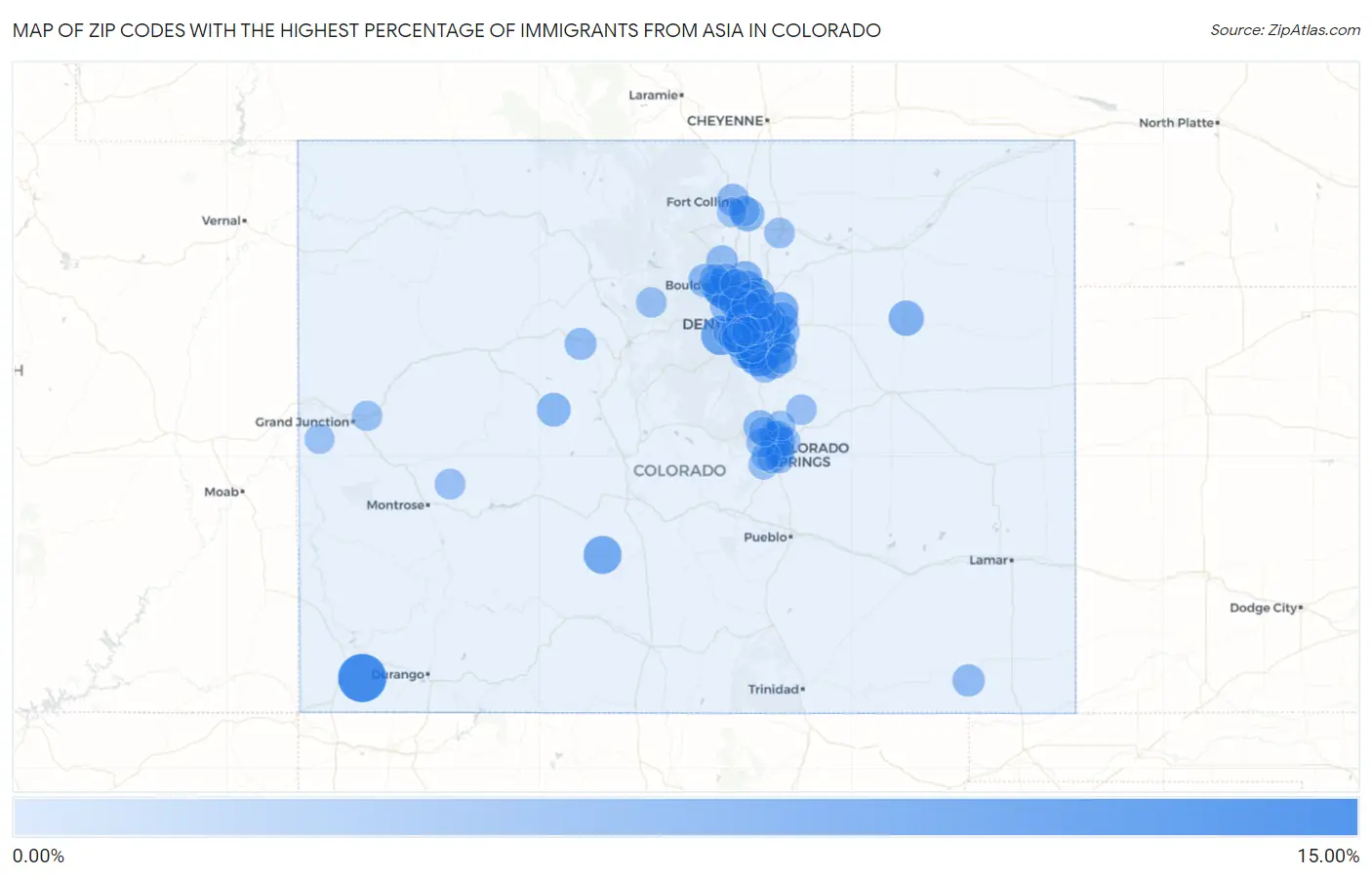 Zip Codes with the Highest Percentage of Immigrants from Asia in Colorado Map