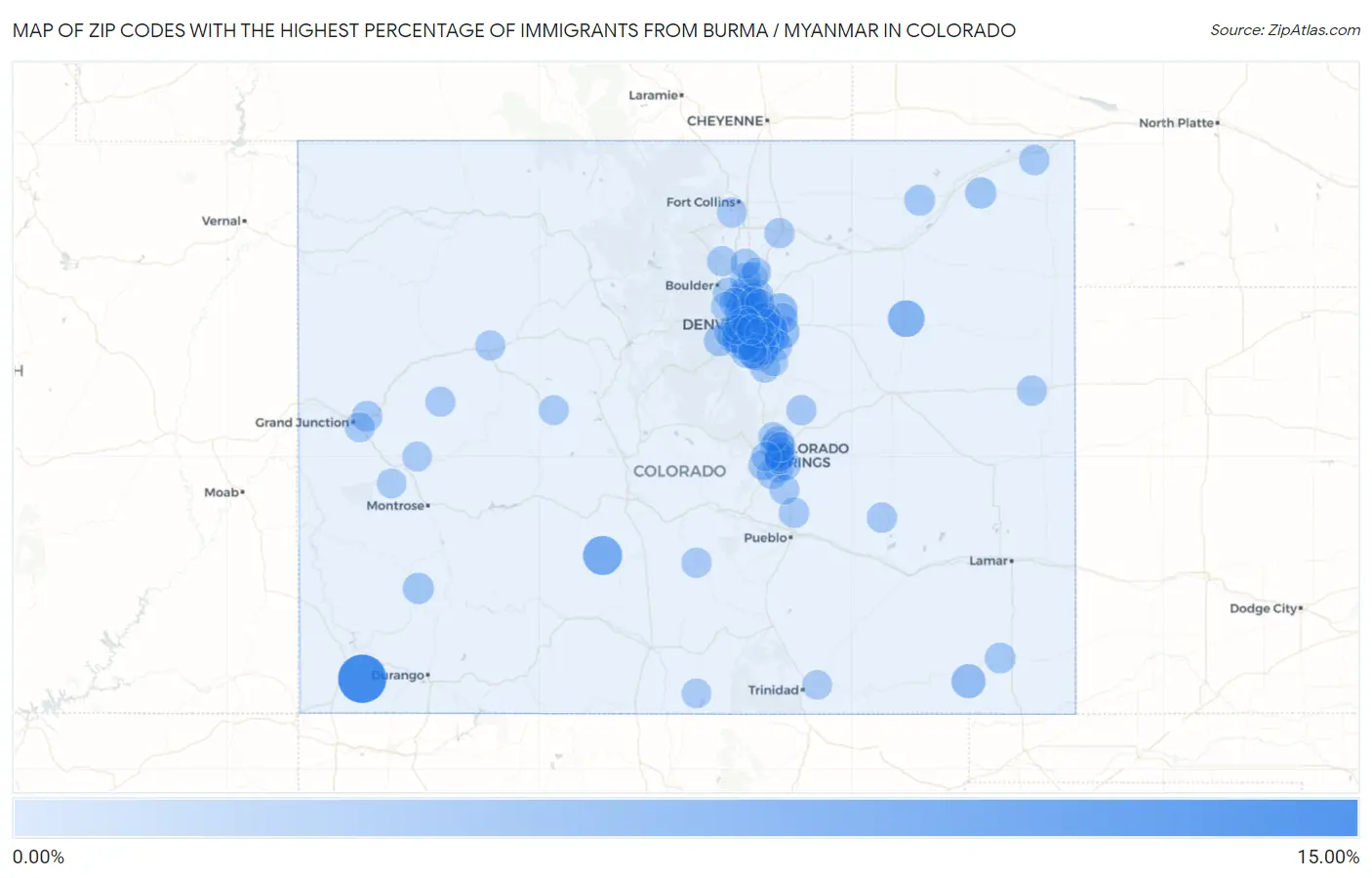 Zip Codes with the Highest Percentage of Immigrants from Burma / Myanmar in Colorado Map