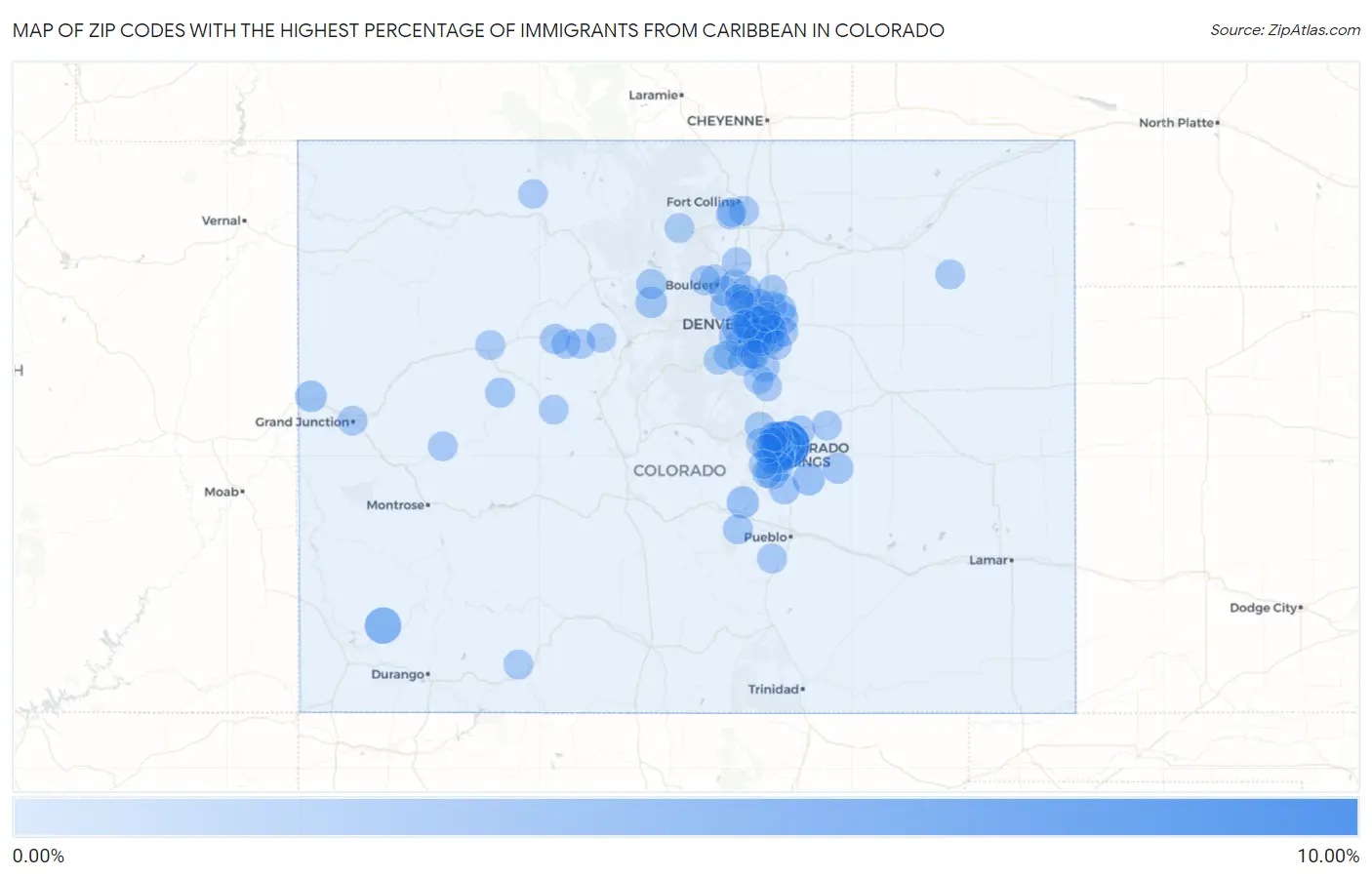 Zip Codes with the Highest Percentage of Immigrants from Caribbean in Colorado Map