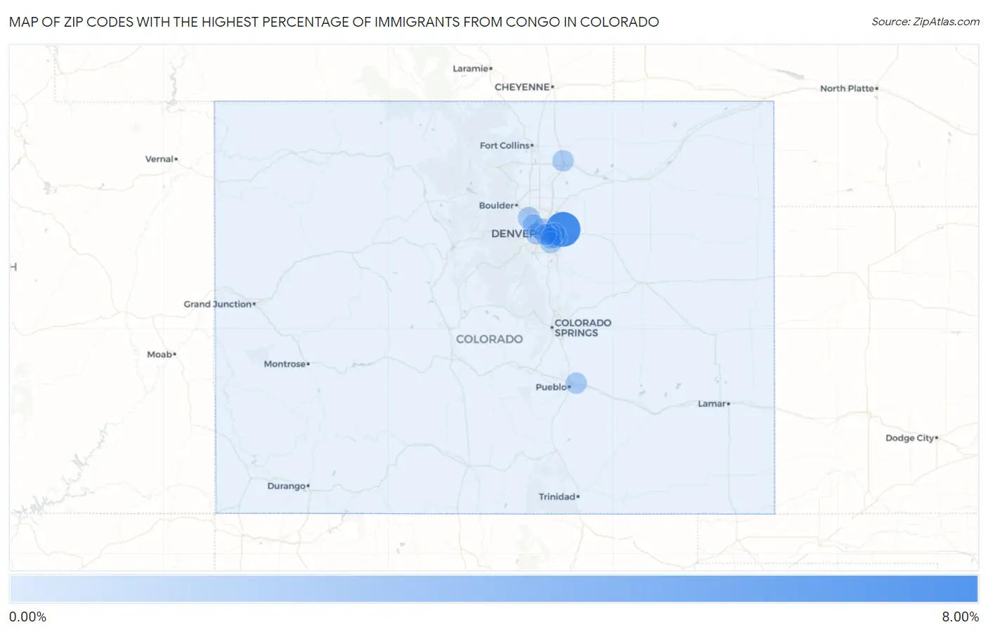 Zip Codes with the Highest Percentage of Immigrants from Congo in Colorado Map