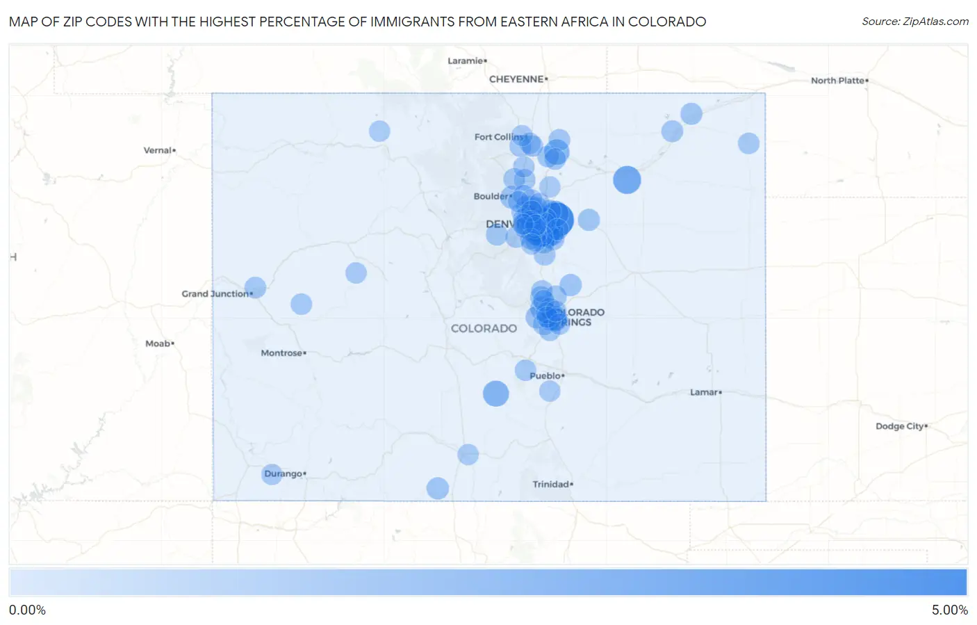 Zip Codes with the Highest Percentage of Immigrants from Eastern Africa in Colorado Map