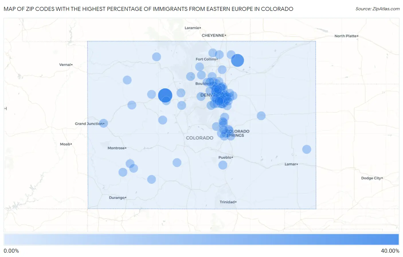 Zip Codes with the Highest Percentage of Immigrants from Eastern Europe in Colorado Map
