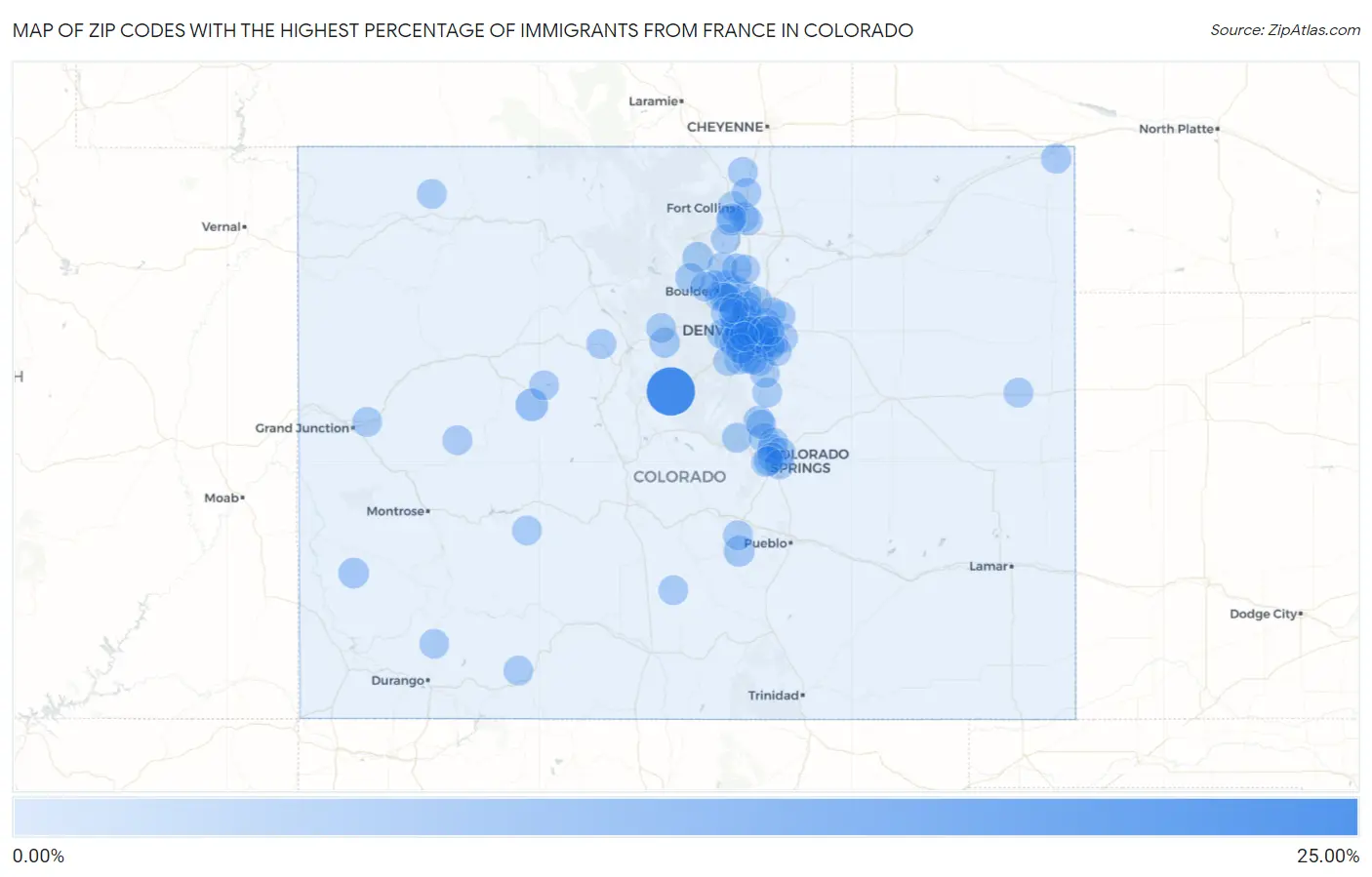 Zip Codes with the Highest Percentage of Immigrants from France in Colorado Map
