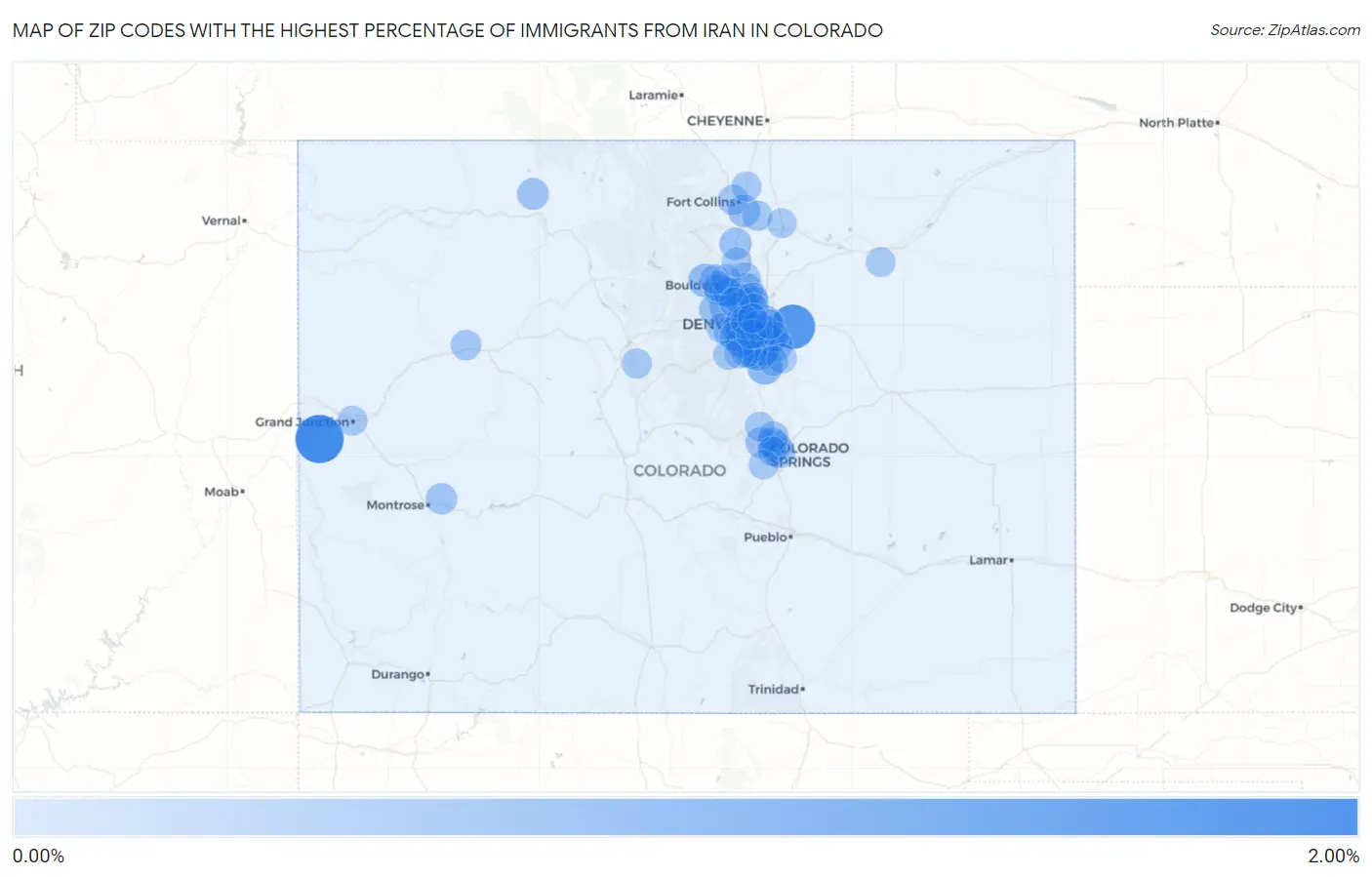 Zip Codes with the Highest Percentage of Immigrants from Iran in Colorado Map