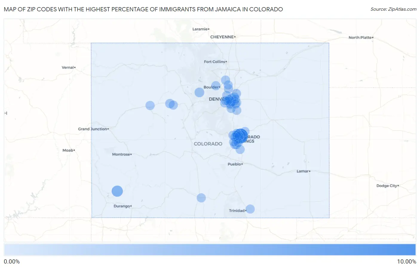 Zip Codes with the Highest Percentage of Immigrants from Jamaica in Colorado Map