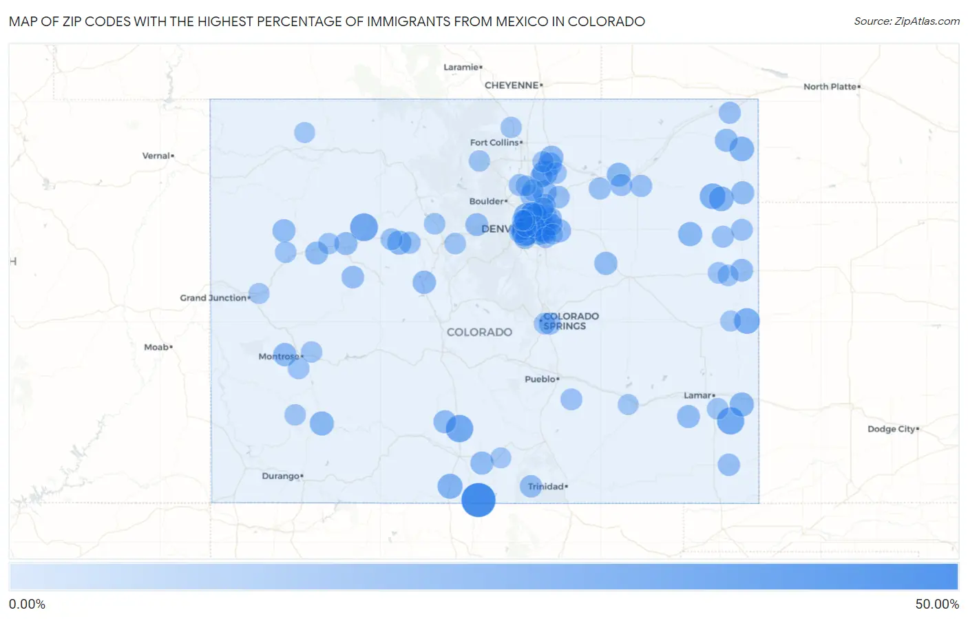 Zip Codes with the Highest Percentage of Immigrants from Mexico in Colorado Map