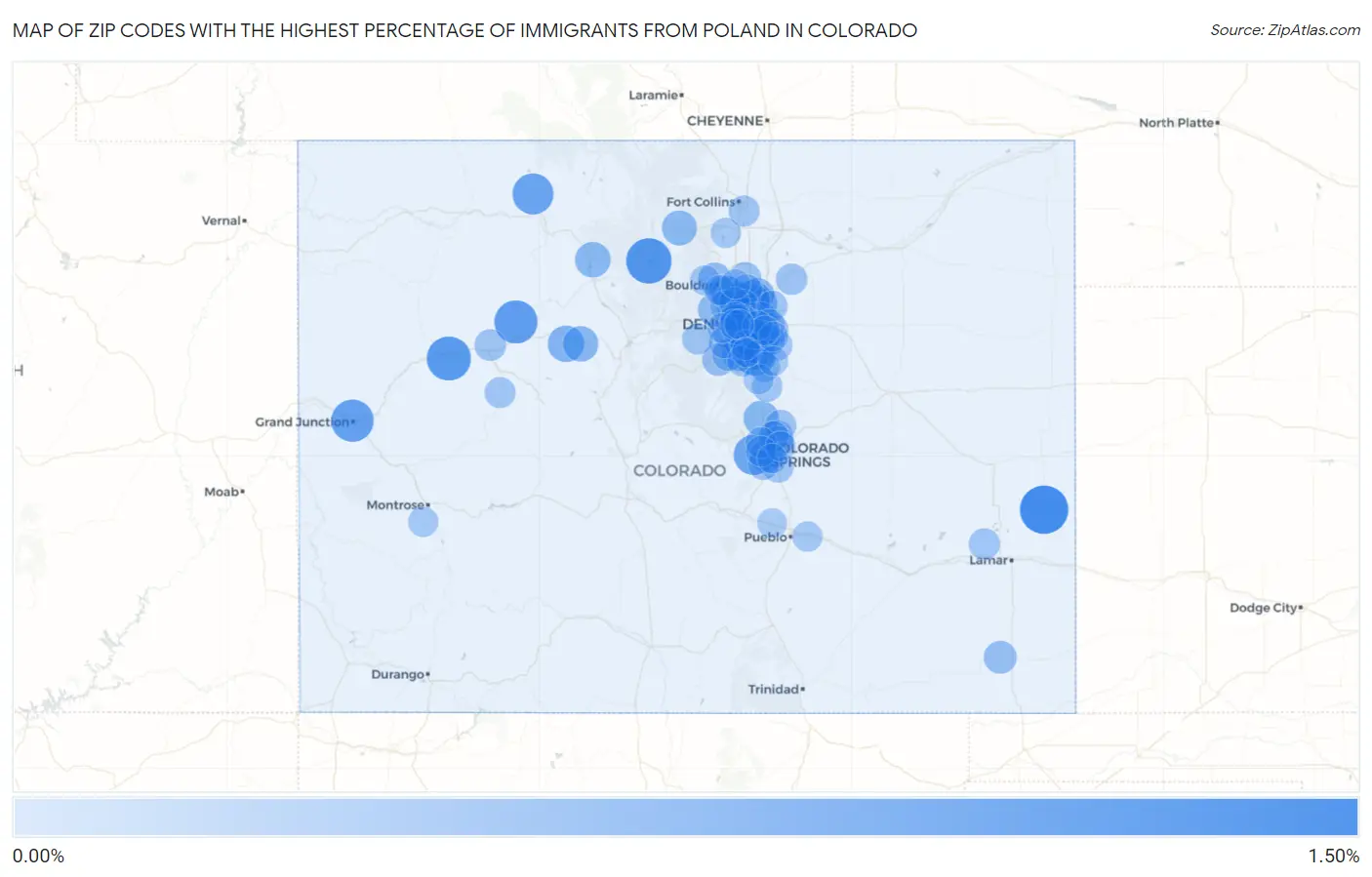 Zip Codes with the Highest Percentage of Immigrants from Poland in Colorado Map