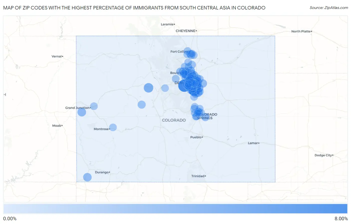 Zip Codes with the Highest Percentage of Immigrants from South Central Asia in Colorado Map