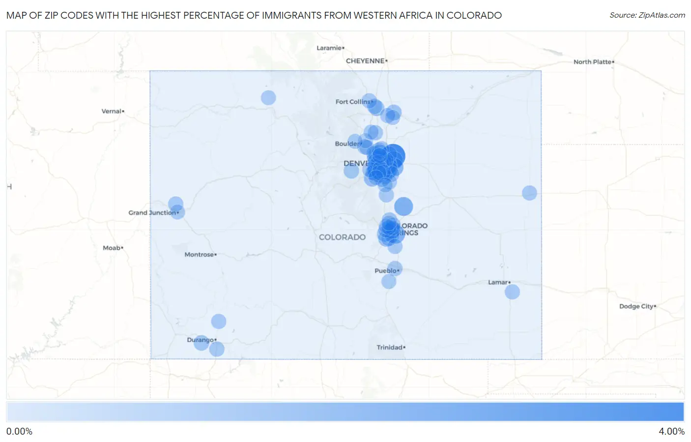 Zip Codes with the Highest Percentage of Immigrants from Western Africa in Colorado Map