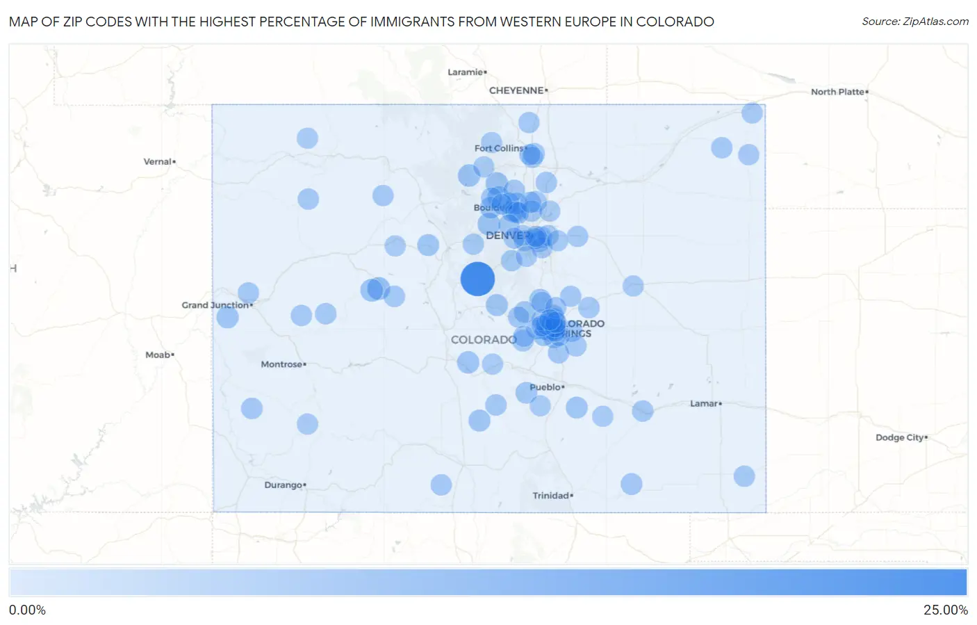 Zip Codes with the Highest Percentage of Immigrants from Western Europe in Colorado Map
