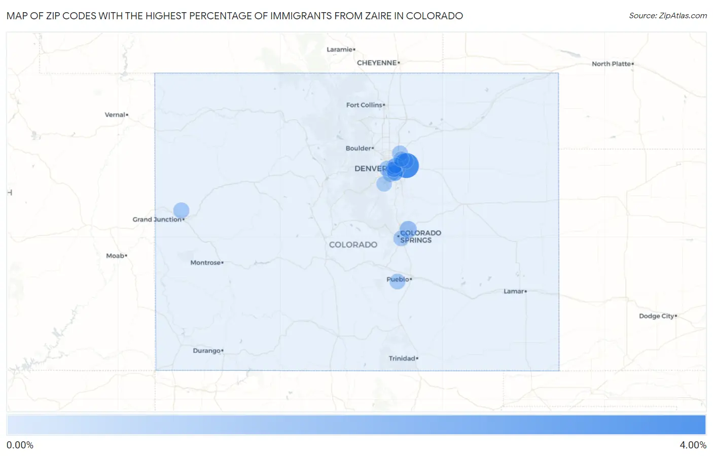 Zip Codes with the Highest Percentage of Immigrants from Zaire in Colorado Map