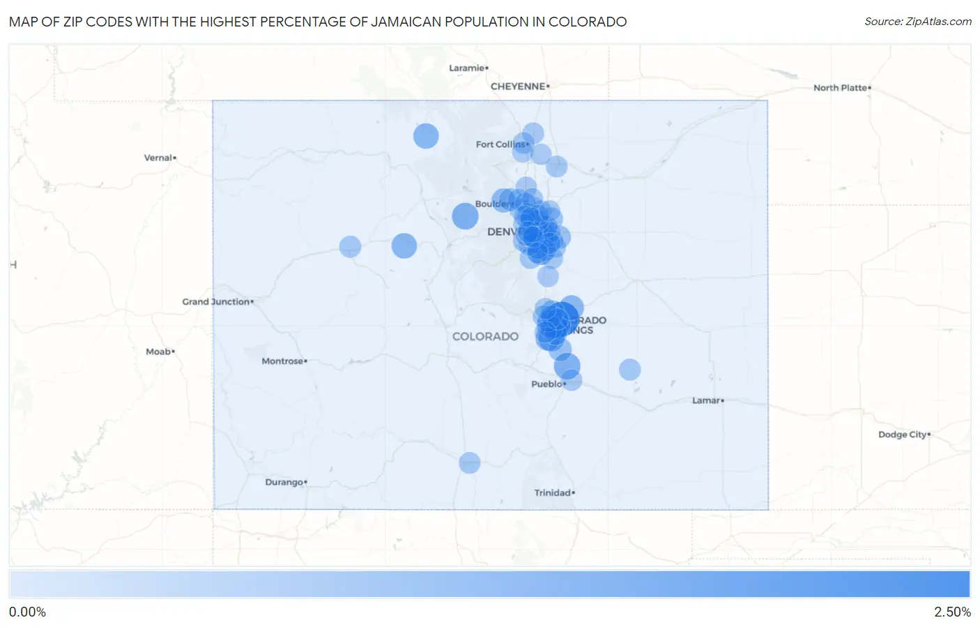 Zip Codes with the Highest Percentage of Jamaican Population in Colorado Map