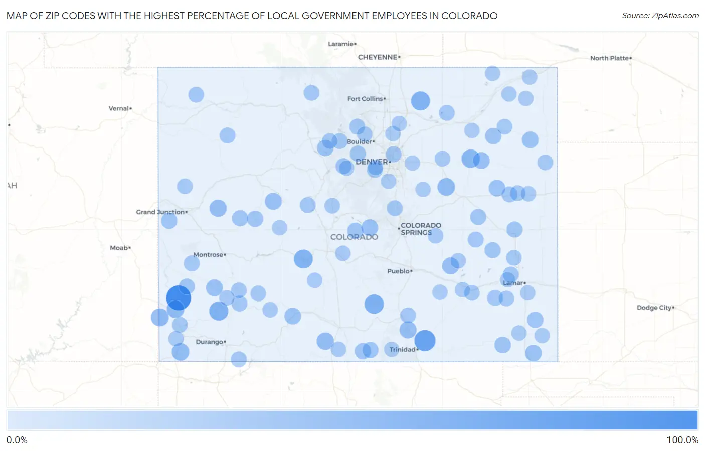 Zip Codes with the Highest Percentage of Local Government Employees in Colorado Map