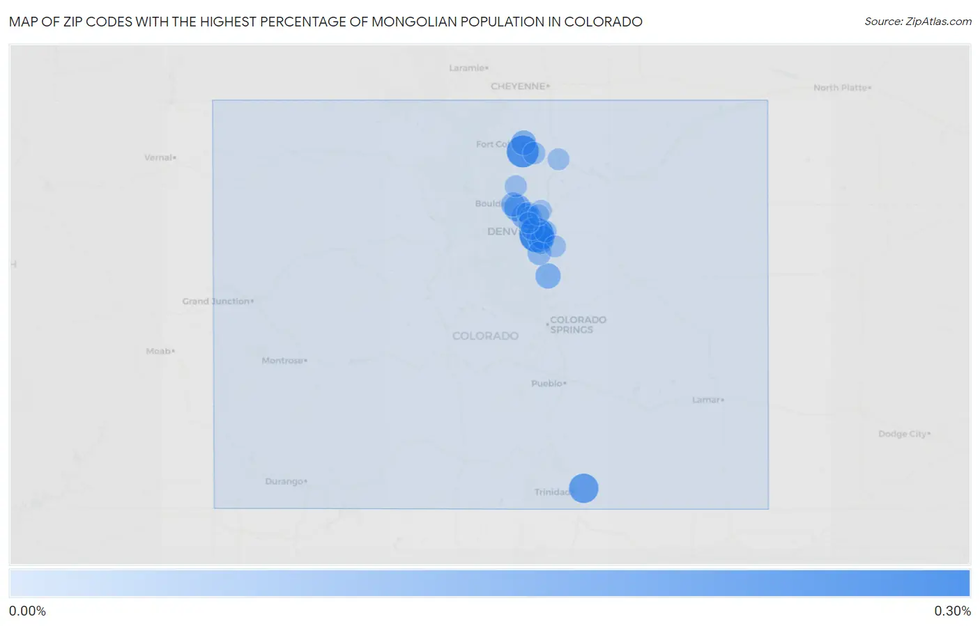 Zip Codes with the Highest Percentage of Mongolian Population in Colorado Map