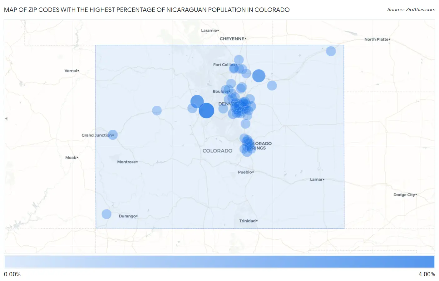 Zip Codes with the Highest Percentage of Nicaraguan Population in Colorado Map
